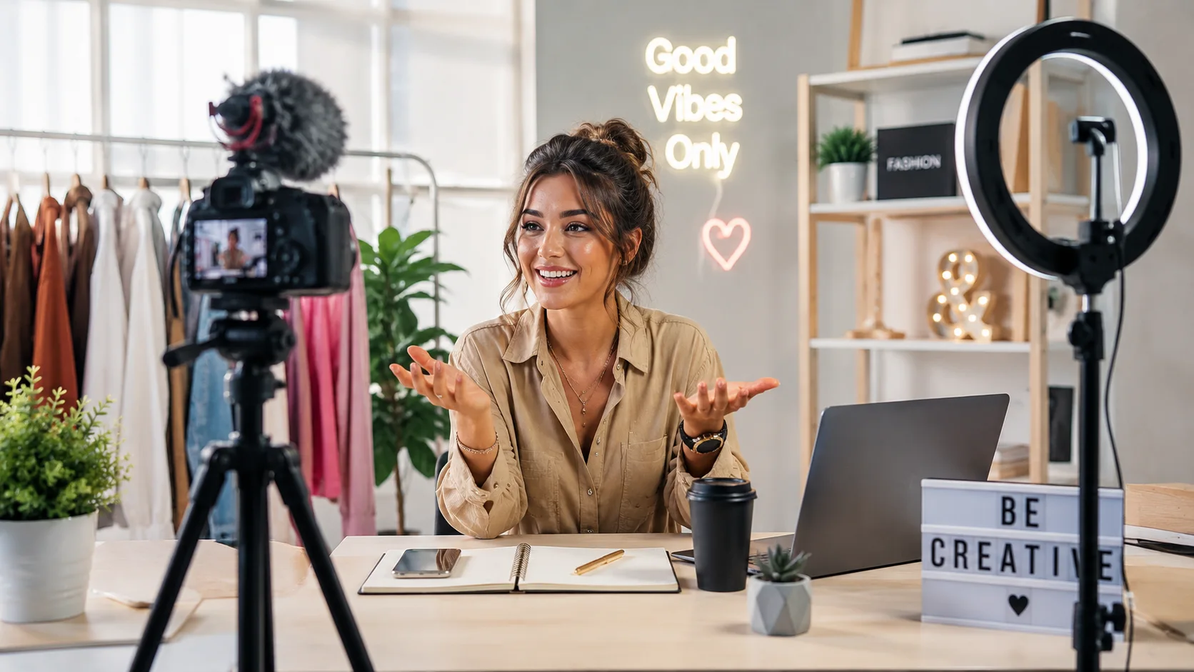 Influencer professionista crea contenuti per i social media in uno studio moderno