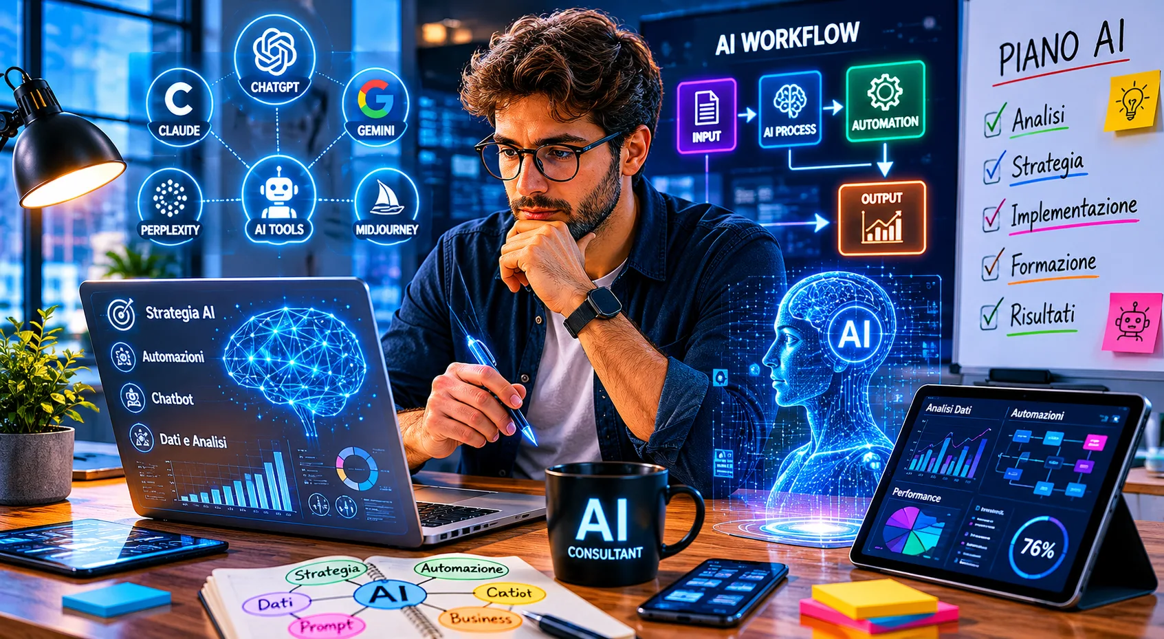 Consulente AI professionista lavora con strumenti di intelligenza artificiale